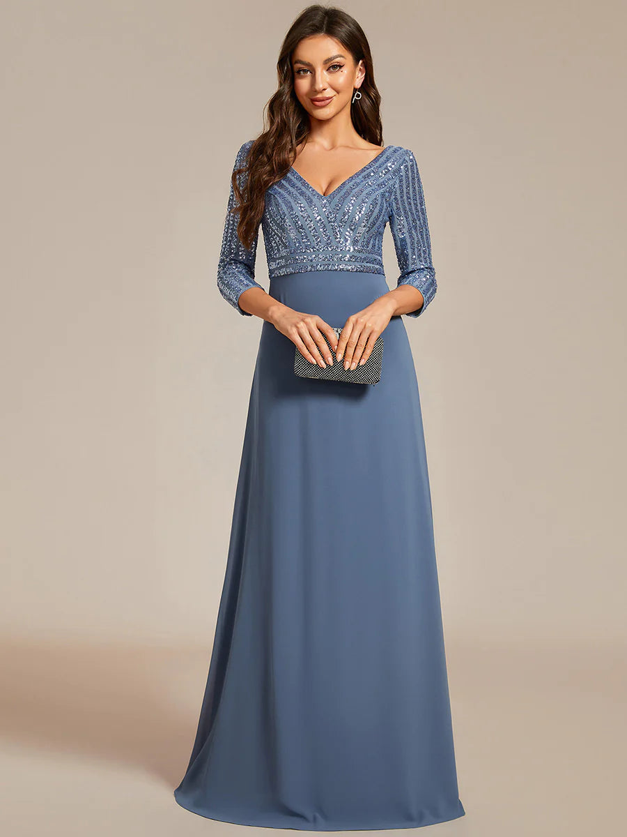 Sexy V Neck A-Line Sequin Wholesale Evening Dresses With 3/4 Sleeve