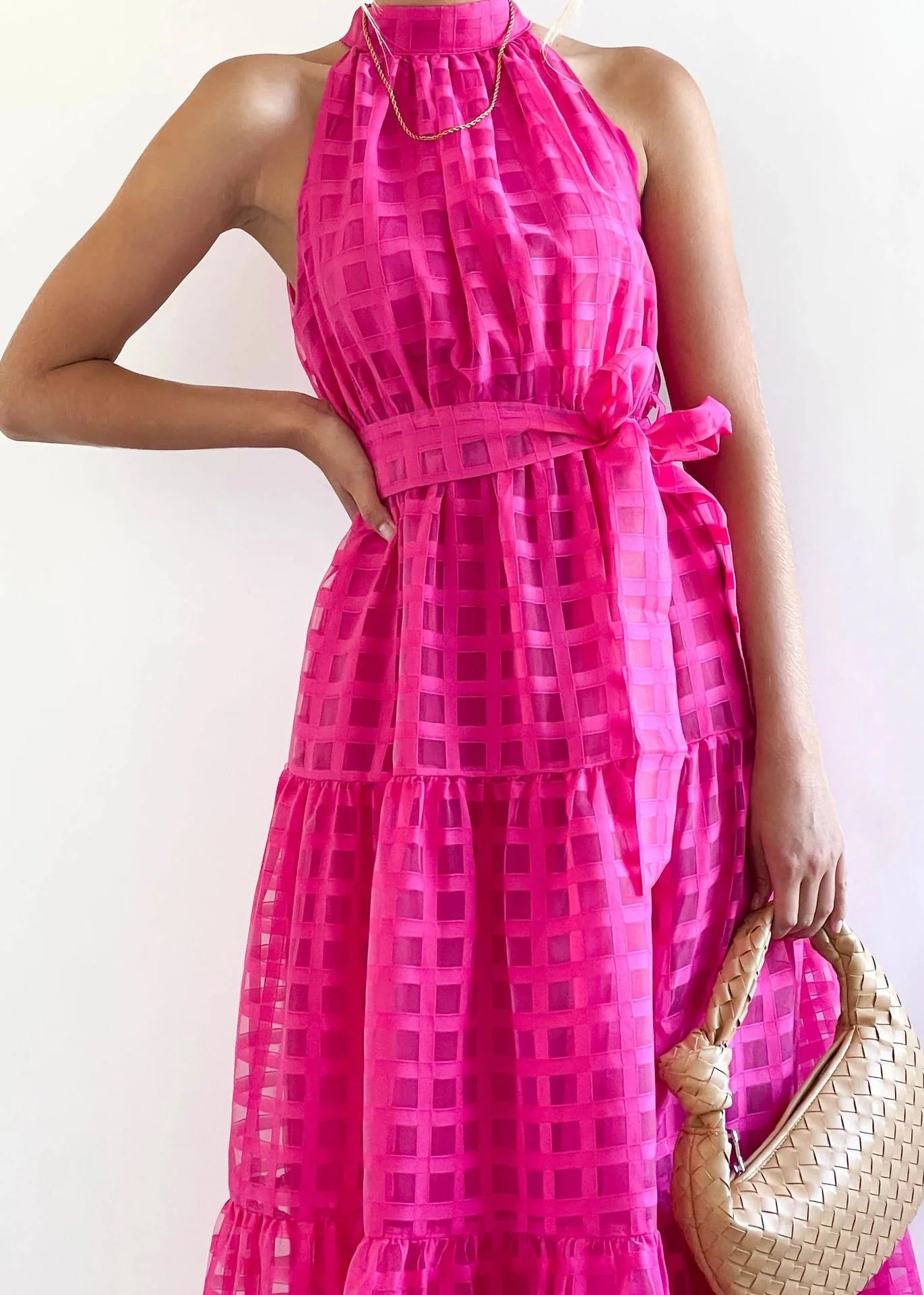 2023 Fashion Trends | Hot Pink Halter Retro Maxi Summer Dress