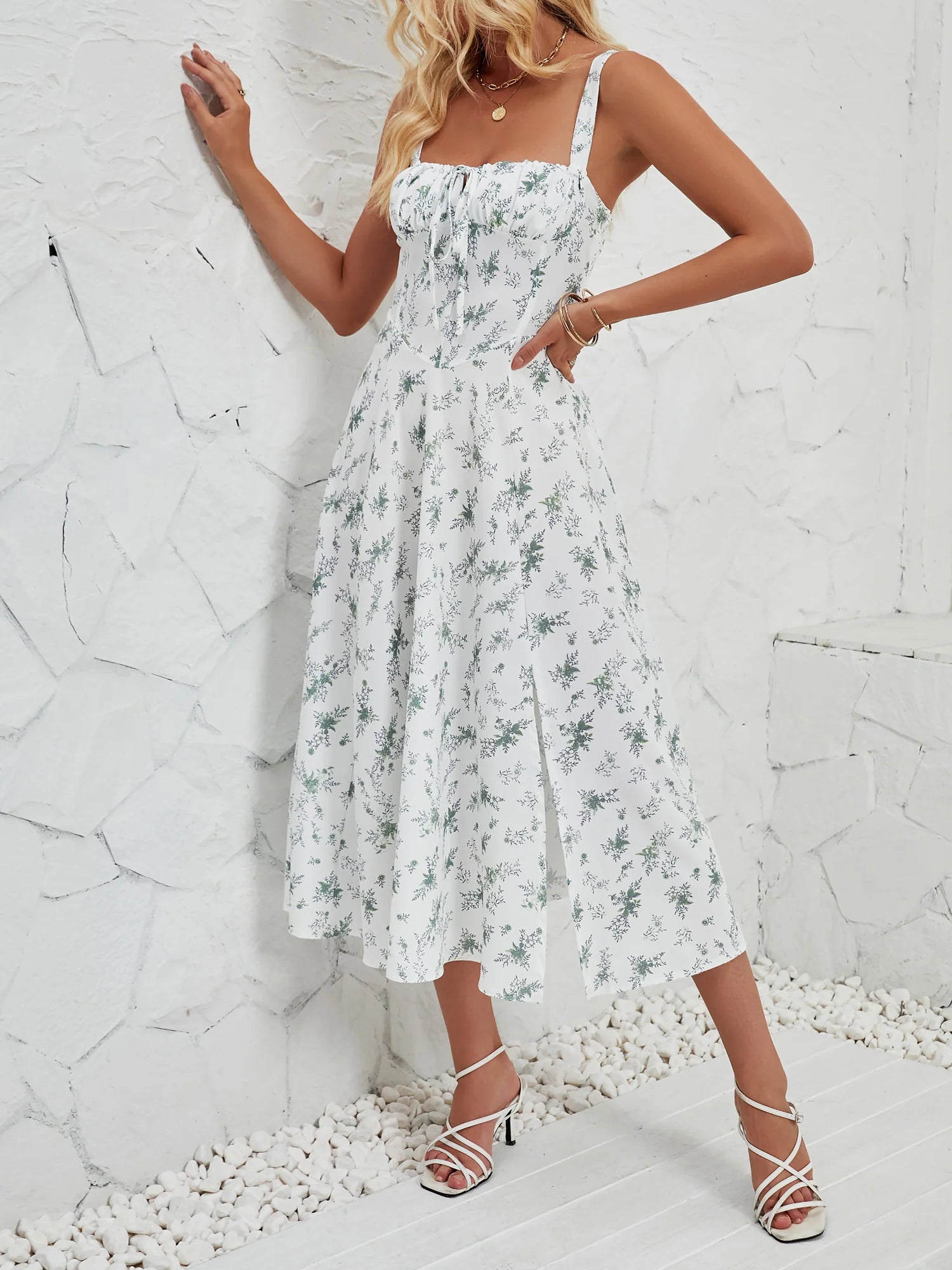 Floral Sleeveless Lace-Up Side Slit Dress Sundress