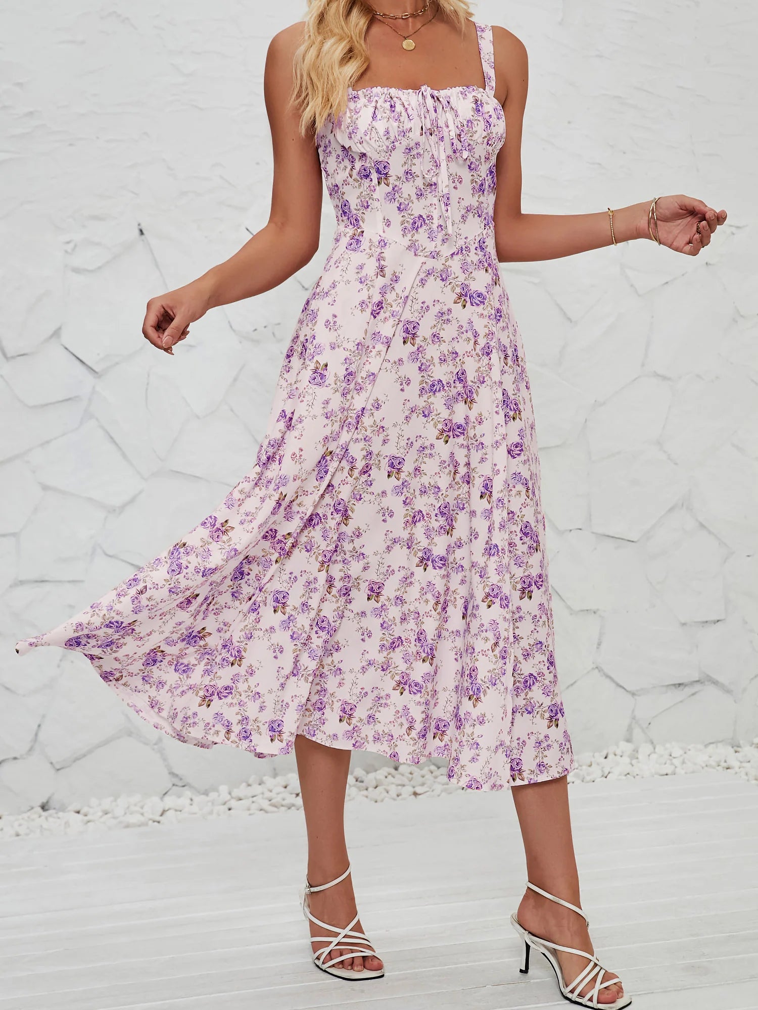 Floral Sleeveless Lace-Up Side Slit Dress Sundress