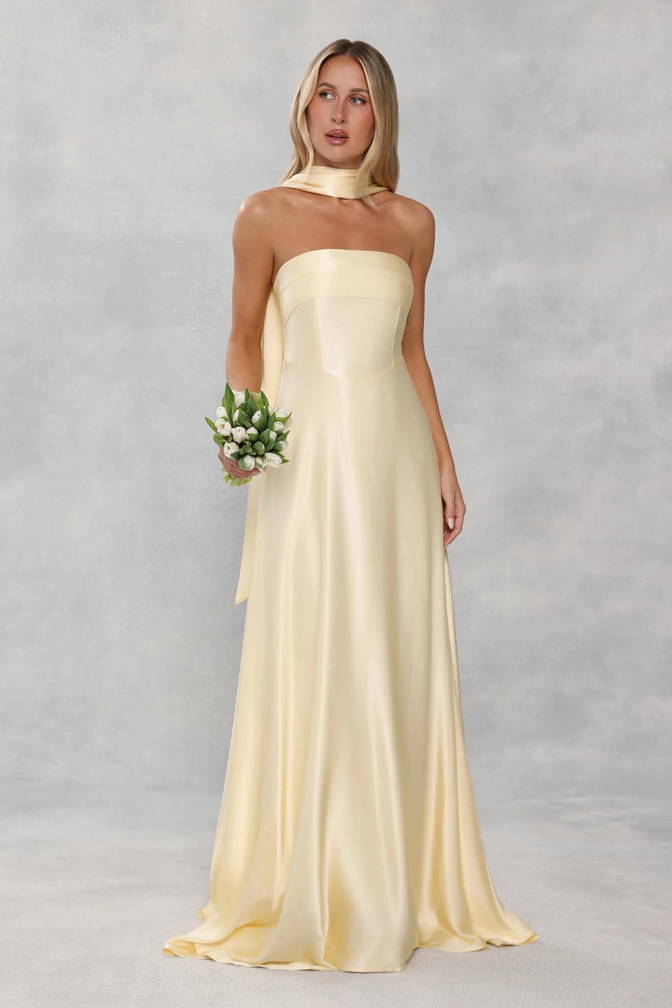 The Serina Strapless Satin Maxi Dress Yellow