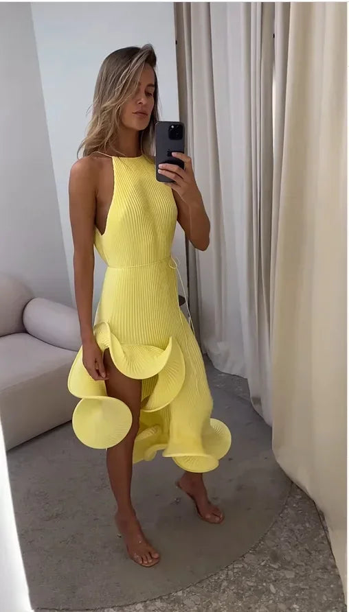 Sculpted Ruffle Asymmetric Hem Halter Midi Dress