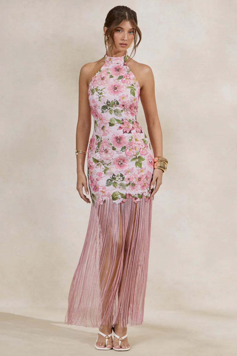 Pink Floral Print Lace Halter-Neck Fringed Maxi Dress
