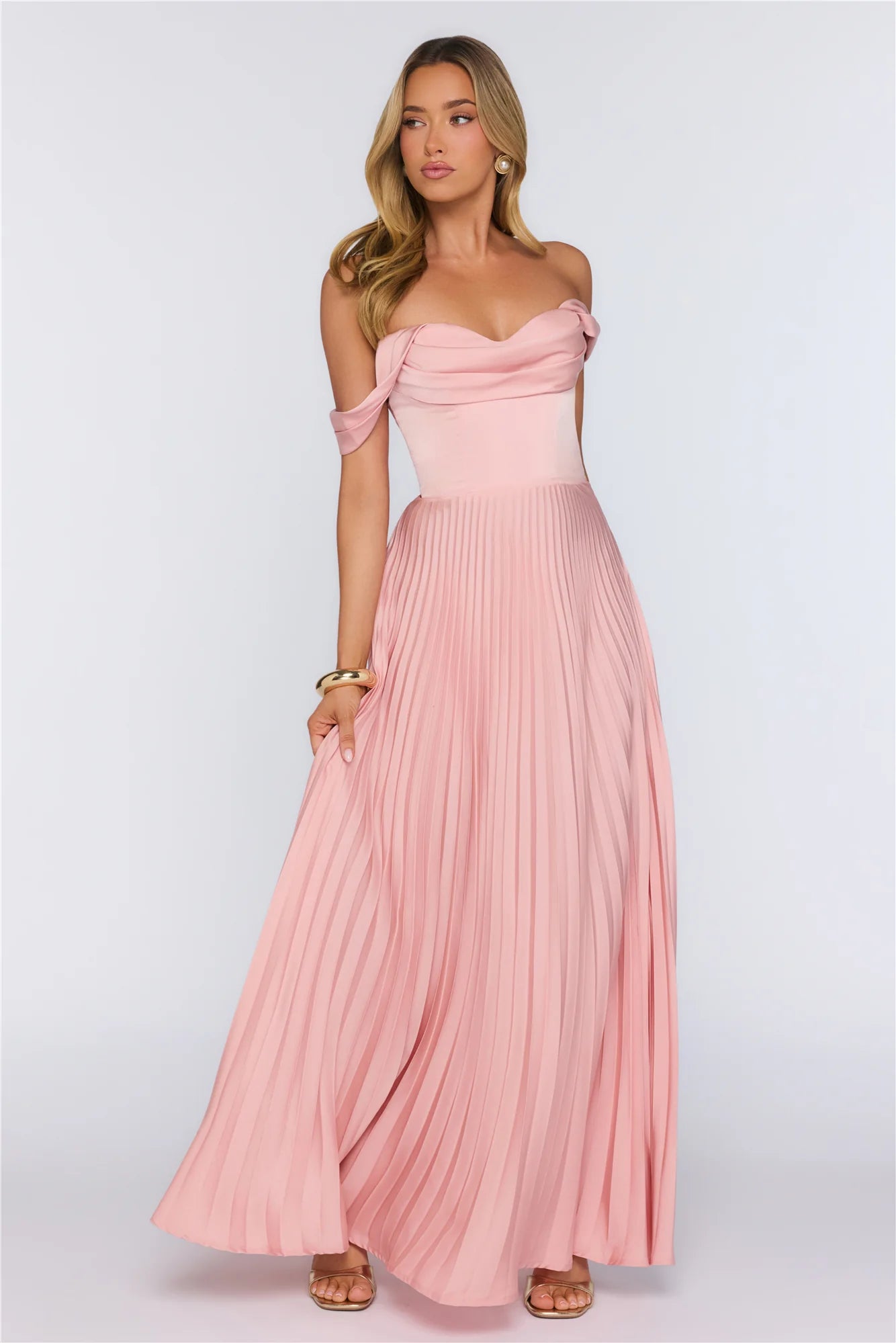 Elegant Glow Pleated Off Shoulder Maxi Dress Pink