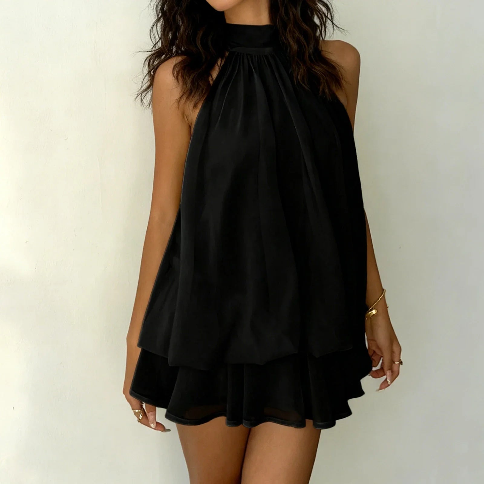 Tiered Ruffle Open Back Tie Detail Halter Mini Dress