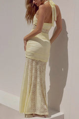 Halterneck Lace Patchwork Ruched Dress