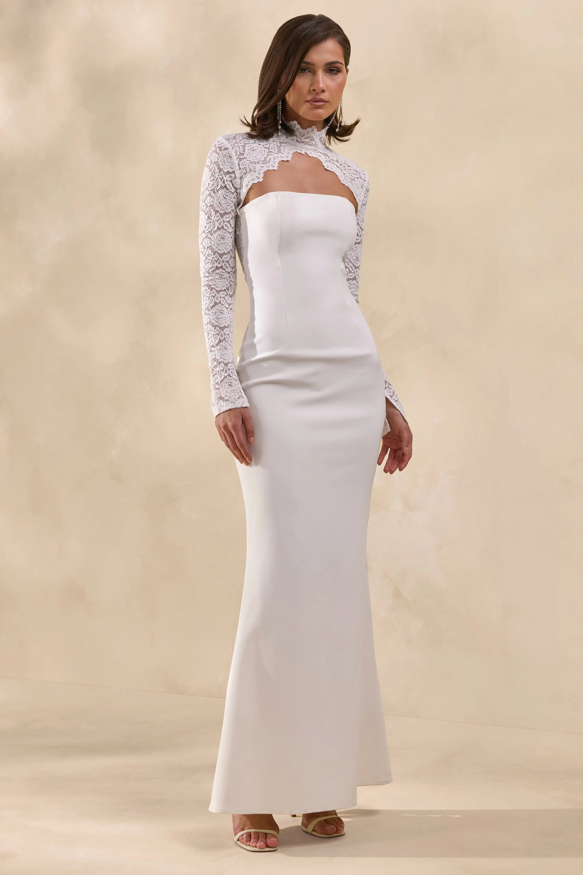 Yarrow | White Lace High-Neck Maxi-Dress With Open-Back