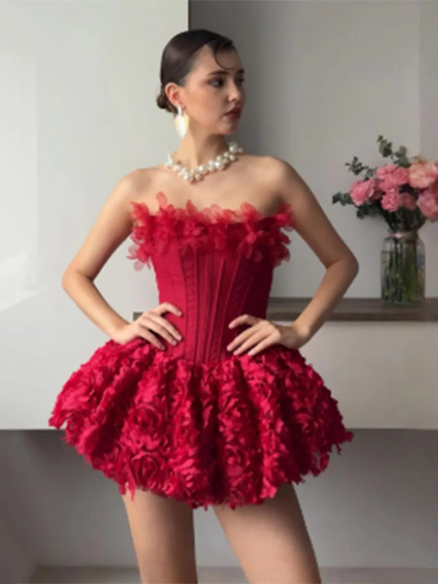 Red Strapless 3D Flower Ruffle Tulle Mini Dress