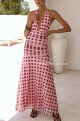 Polka Dot Print Halter Neck Tie Pleated Slim-fit Maxi Dress