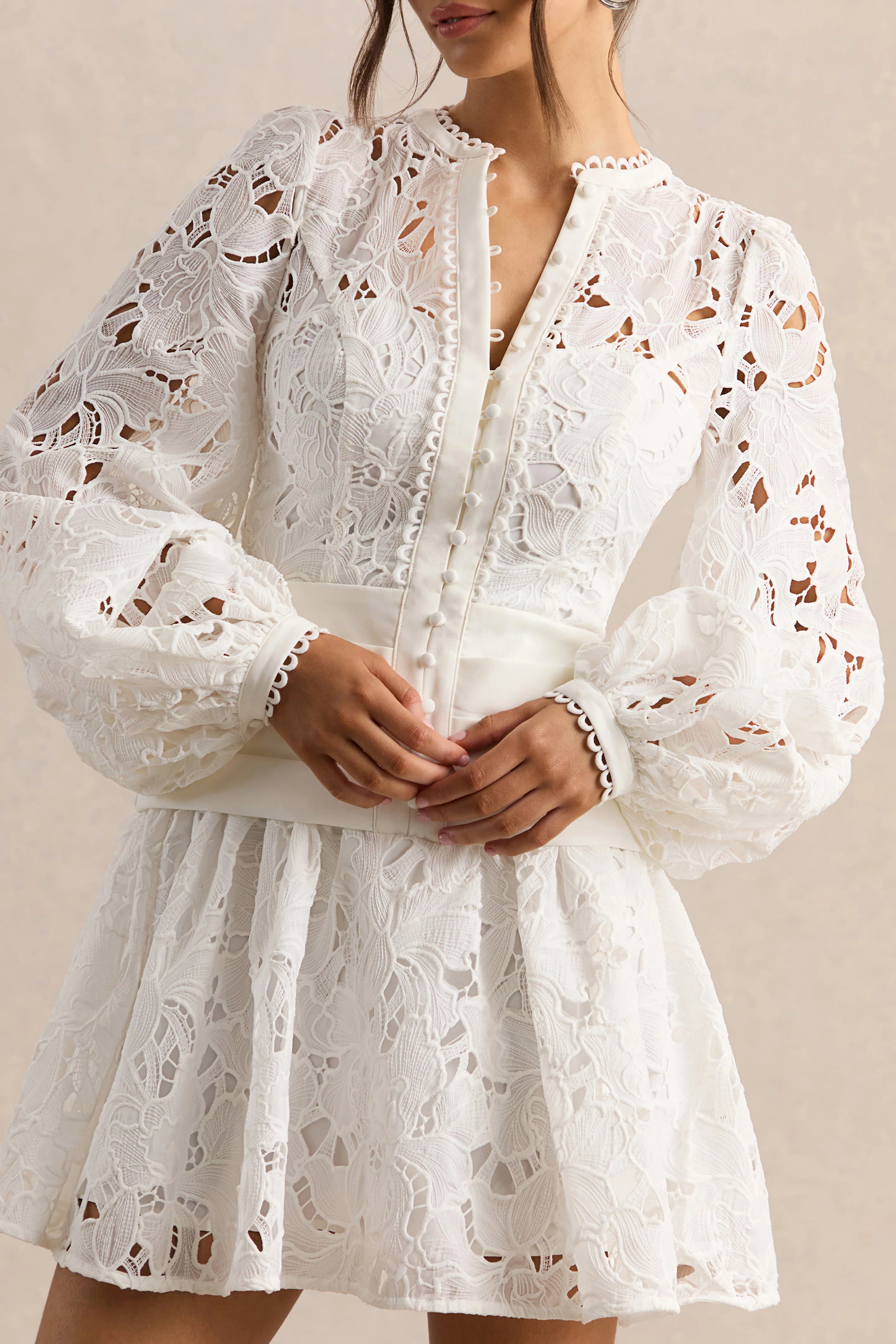 Helena | White Crew-Neck Mini Dress With Puff-Sleeves and Pleated Skirt