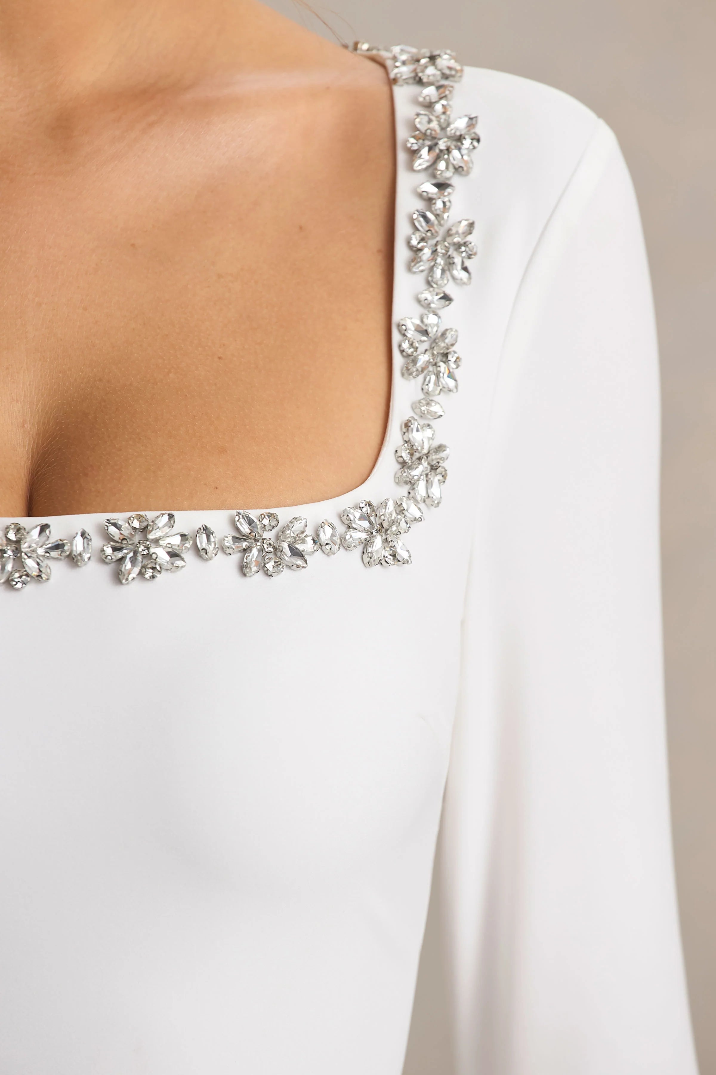 Astonish | White Long-Sleeve Embellished Square-Neck Mini Dress With Volume Skirt