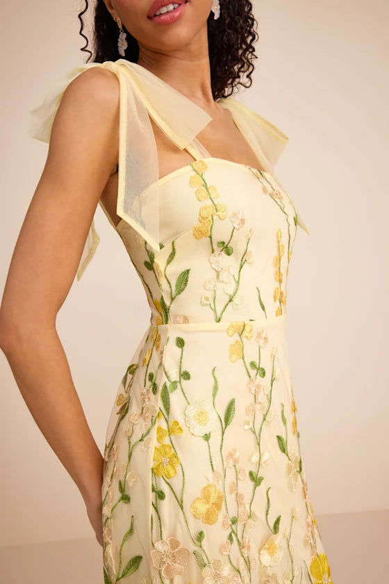 Thriving Poise Yellow 3D Floral Embroidered Tie-Strap Maxi Dress