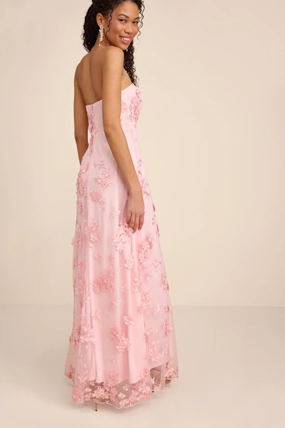 Rare Presence Blush 3D Floral Embroidered Maxi Dress