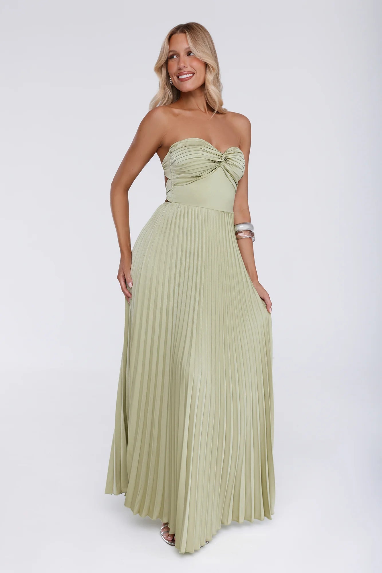 Sassy Sunshine Satin Pleated Strapless Maxi Dress Green