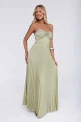 Sassy Sunshine Satin Pleated Strapless Maxi Dress Green