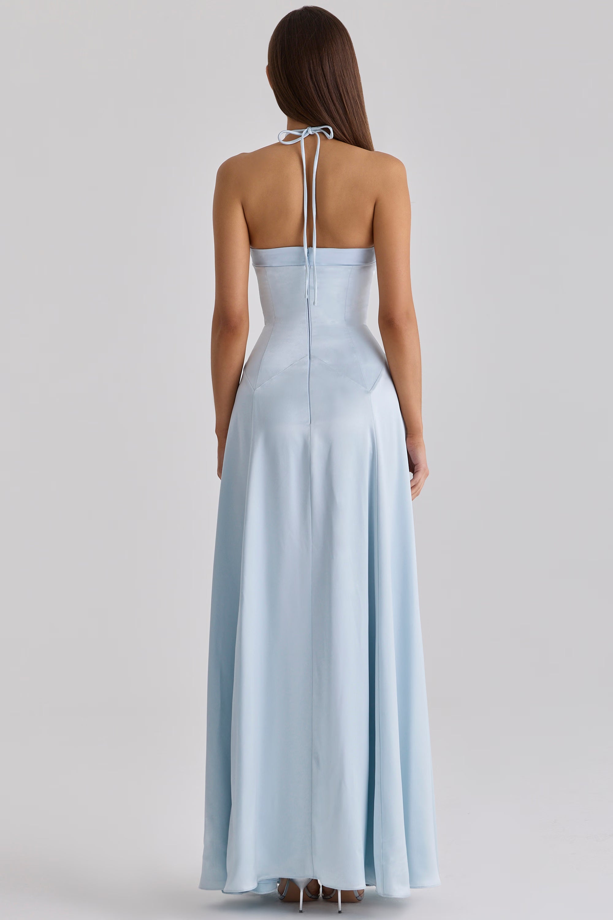 Avelina blue satin halter neck godet maxi dress