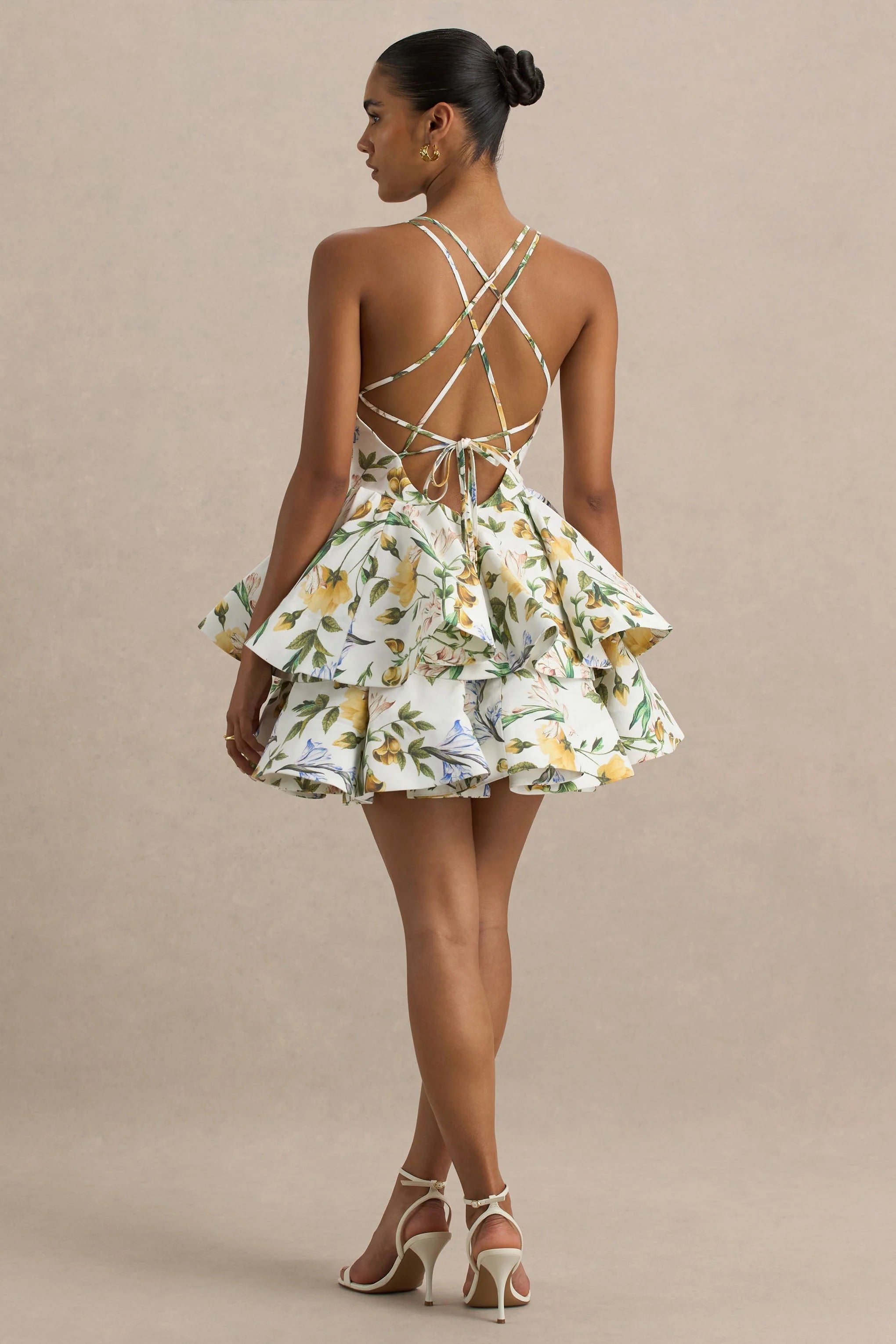 Flavia | Lemon Floral Print Plunge-Neck Ruffled Skater Micro-Mini Dress