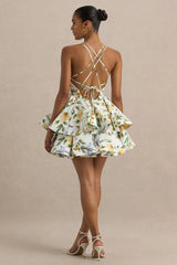Flavia | Lemon Floral Print Plunge-Neck Ruffled Skater Micro-Mini Dress