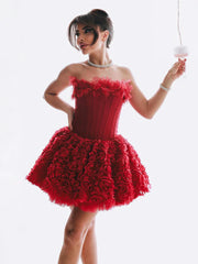 Red Strapless 3D Flower Ruffle Tulle Mini Dress