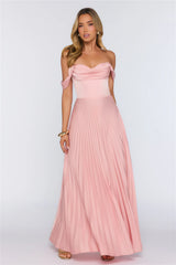 Elegant Glow Pleated Off Shoulder Maxi Dress Pink