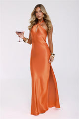 Rule Her World Halter Satin Maxi Dress Peach