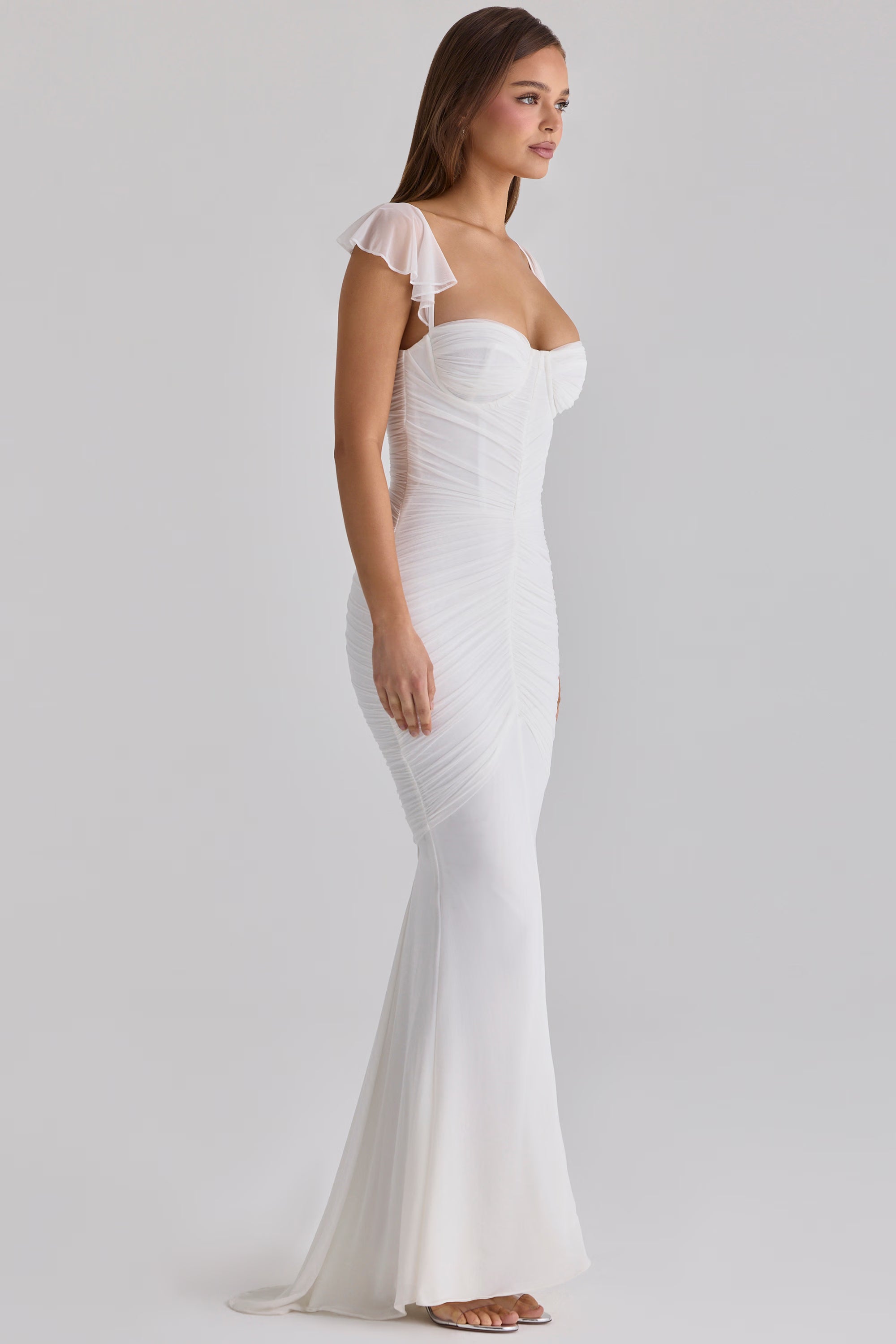 white gathered mesh maxi dress