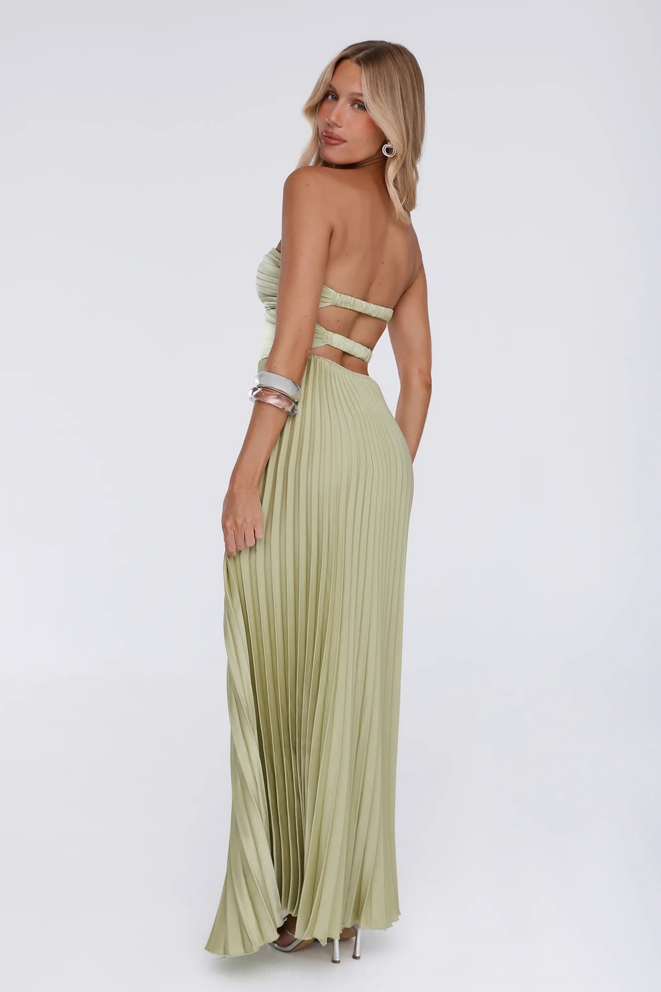 Sassy Sunshine Satin Pleated Strapless Maxi Dress Green