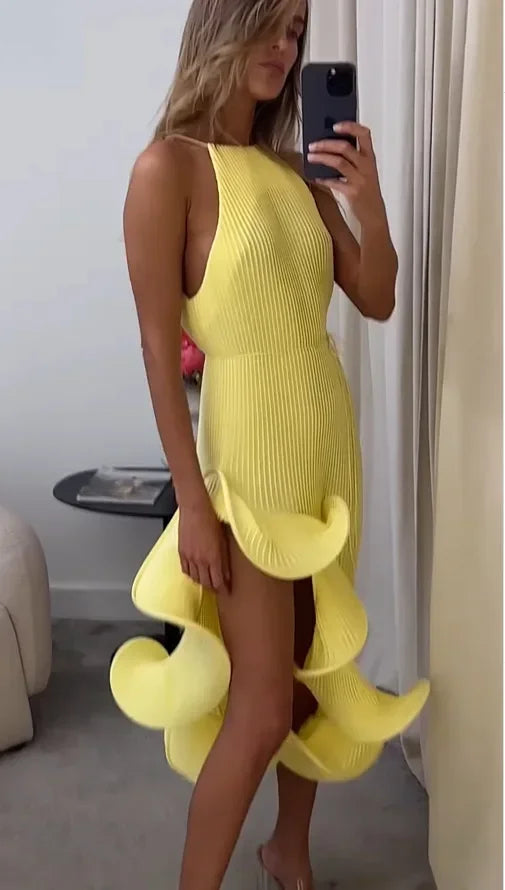 Sculpted Ruffle Asymmetric Hem Halter Midi Dress