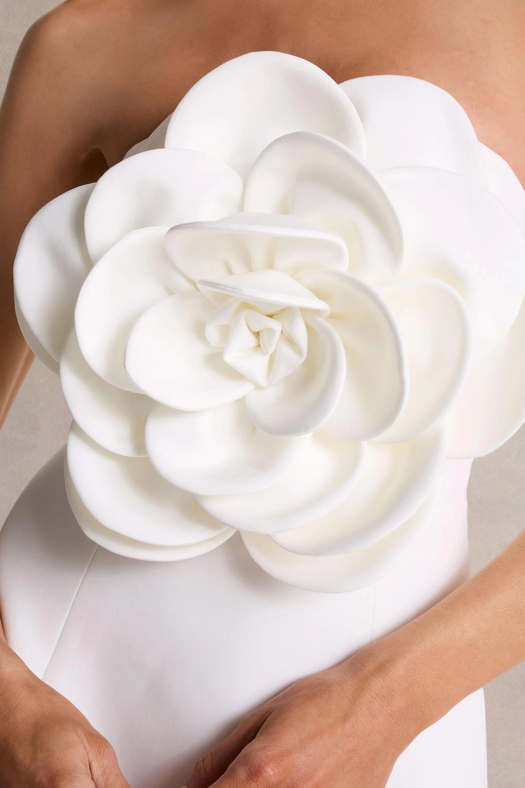 Daffodil | White Bandeau Mini Dress With Large Floral Corsage