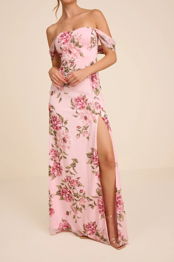 Magical Magnetism Light Pink Floral Off-the-Shoulder Maxi Dress