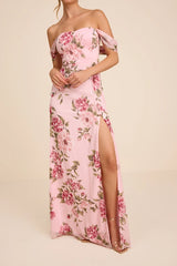 Magical Magnetism Light Pink Floral Off-the-Shoulder Maxi Dress