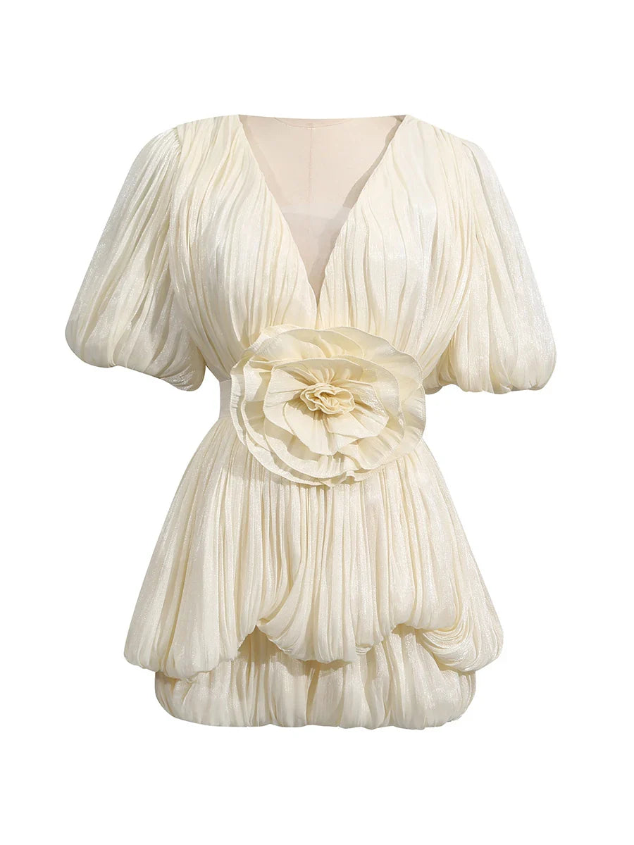 Ruched Deep V Neck Puff Sleeve 3D Flower Mini Dress