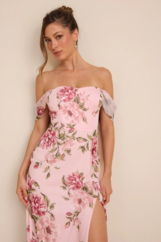 Magical Magnetism Light Pink Floral Off-the-Shoulder Maxi Dress
