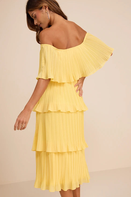 Gala Ready Yellow Off-the-Shoulder Ruffle Midi Dress