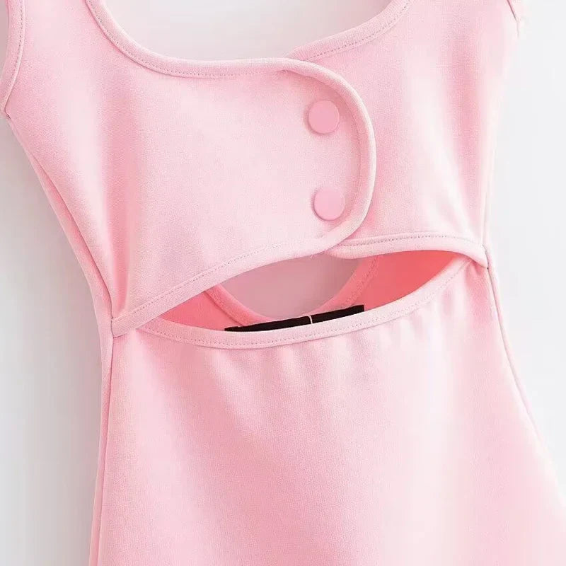 Pink Strap Cut Out Snap Button Bodycon Mini Dress