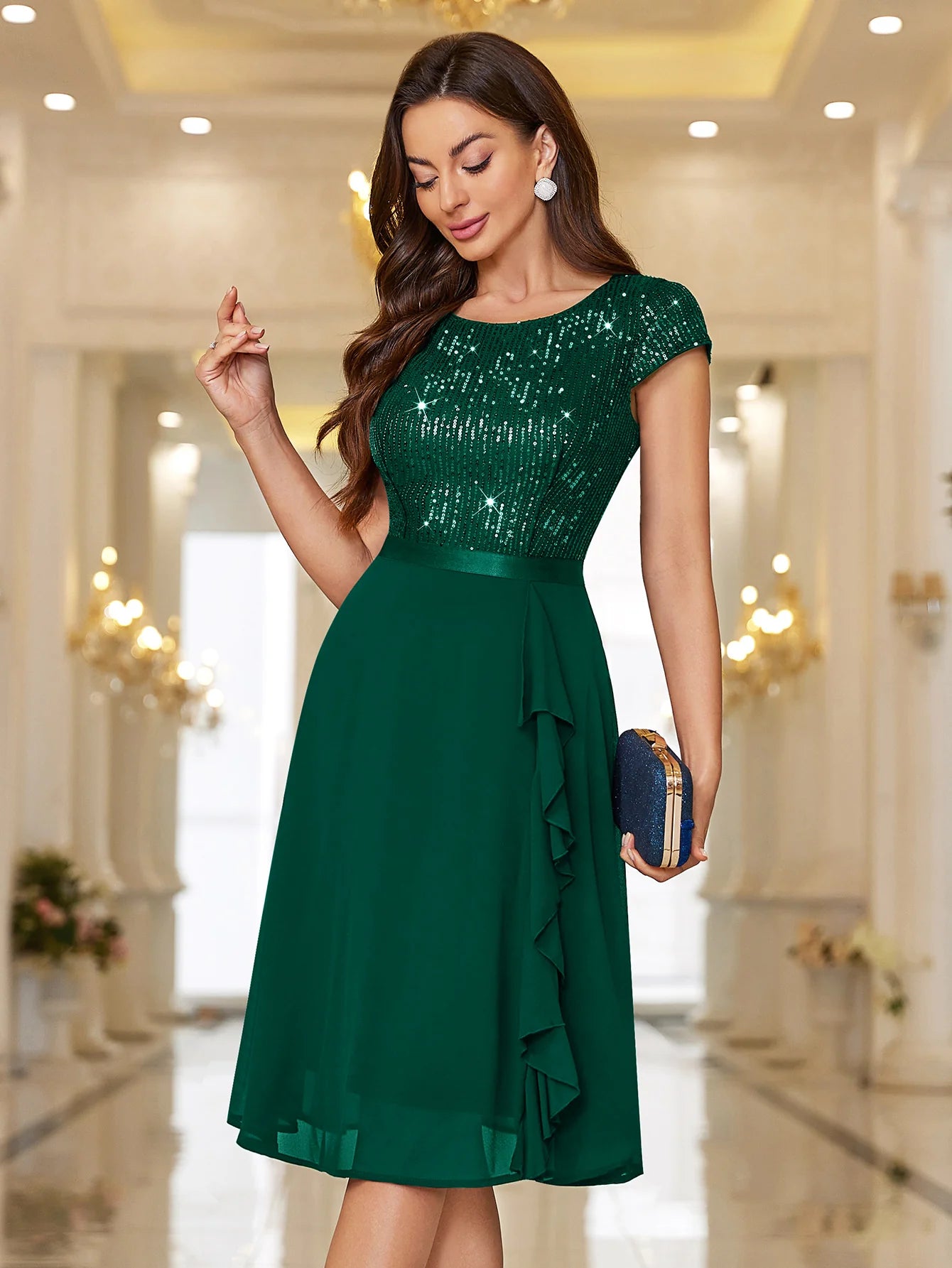 Sequin Lace Ruffle Trim Chiffon Cocktail Party Swing Dress for Weddings, Proms & Formal Events