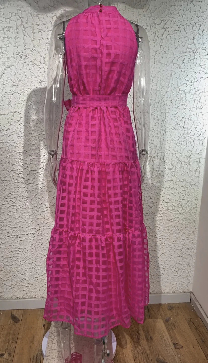 2023 Fashion Trends | Hot Pink Halter Retro Maxi Summer Dress