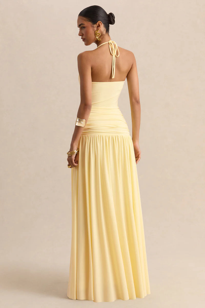 Lemon Square-Neck Maxi Dress With Ruched-Detailing