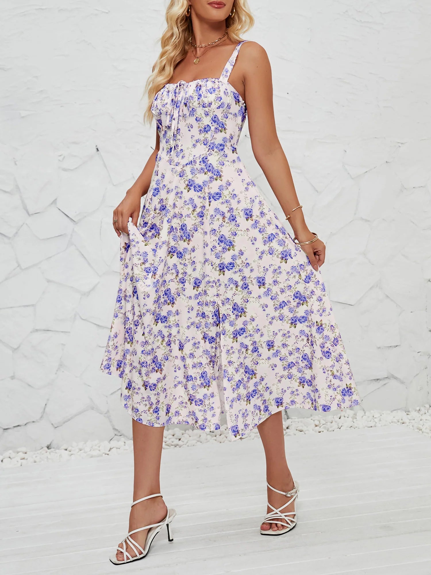 Floral Sleeveless Lace-Up Side Slit Dress Sundress