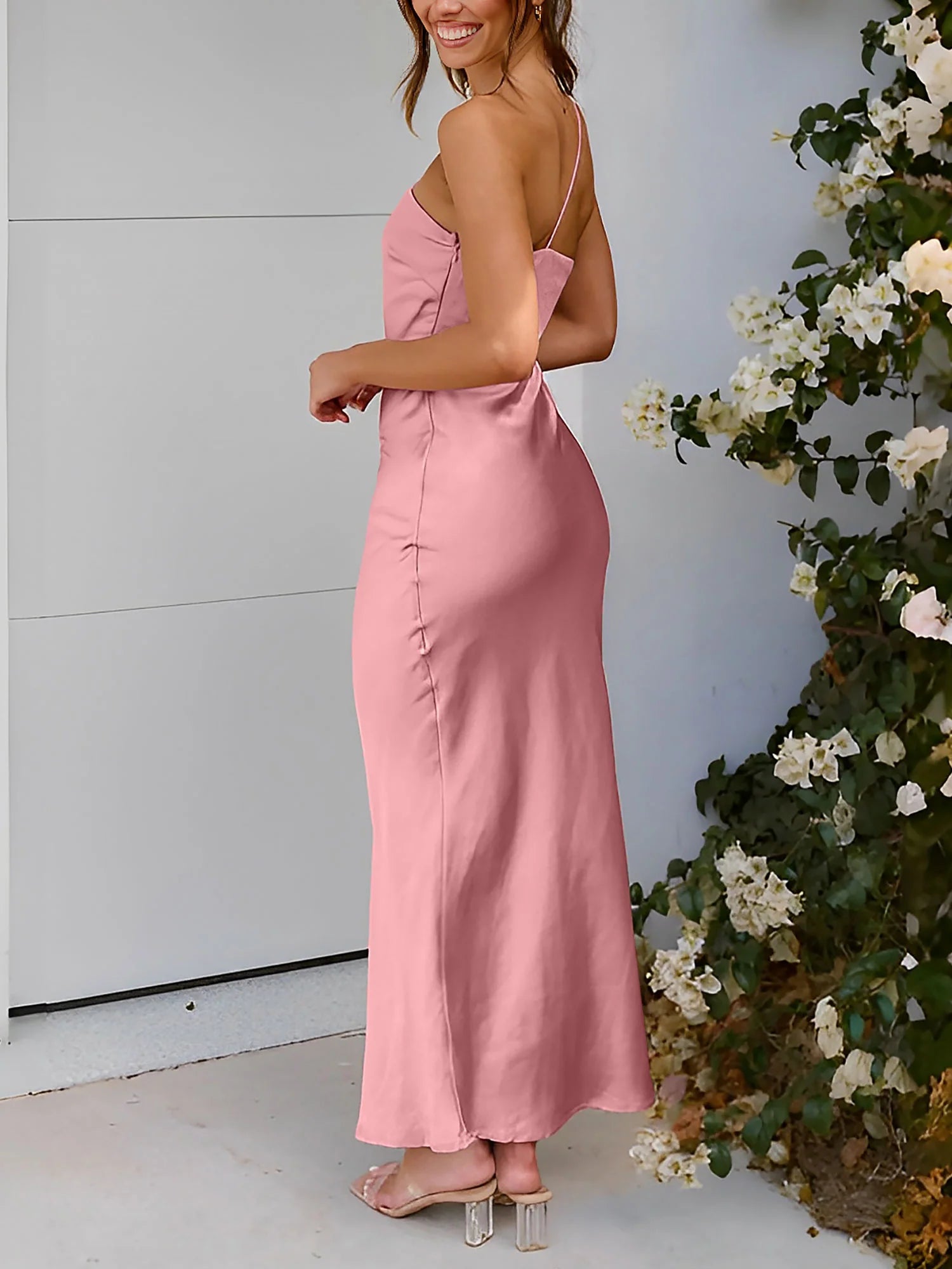 One Shoulder Spaghetti Strap Backless Satin Dress