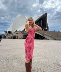 Rose Pink Print Halter Midi Dress