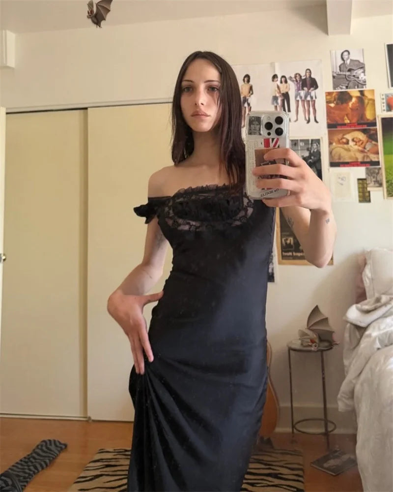 Lace Trim Short Sleeve Satin Maxi Dress