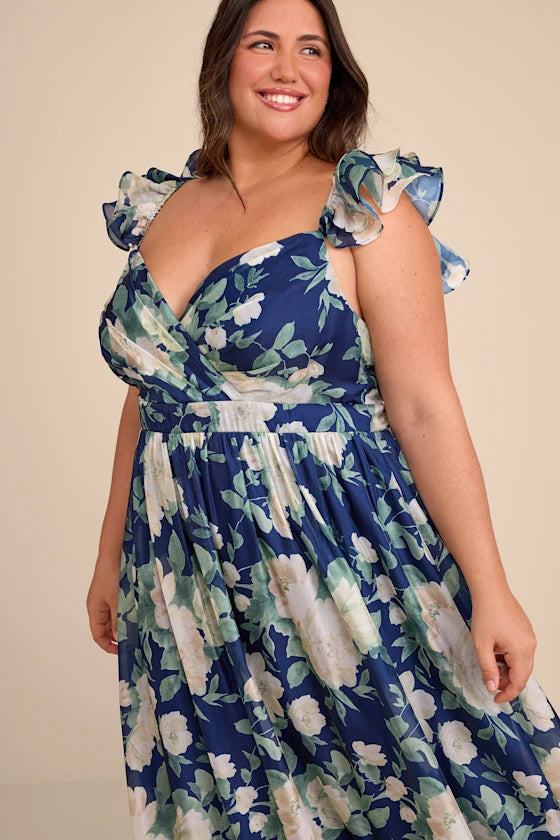 Soiree Perfection Navy Floral Ruffled Tiered Maxi Dress