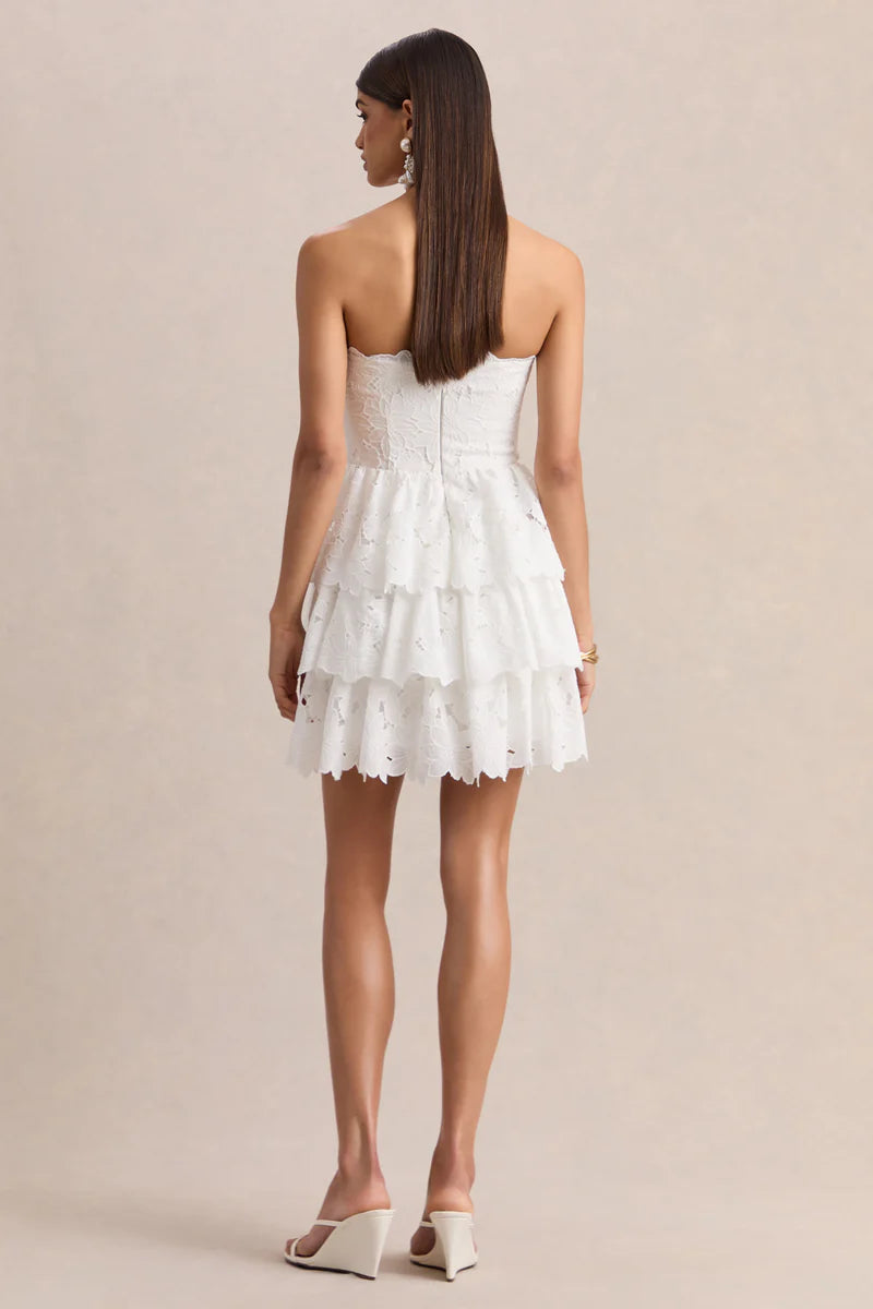 White Lace Square-Neck Mini Dress With Ruffled Detailing