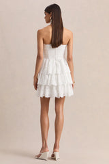 White Lace Square-Neck Mini Dress With Ruffled Detailing