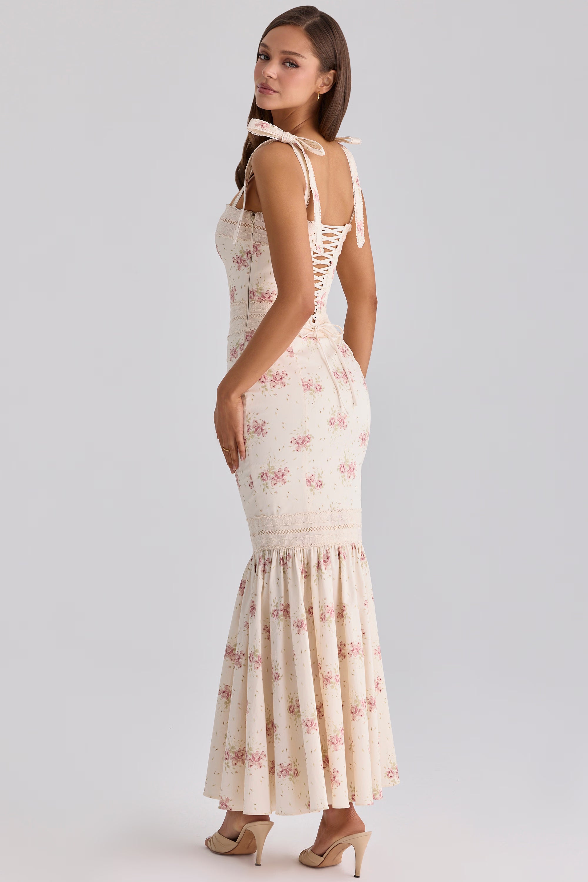 ivory vintage rose print cotton + lace maxi dress