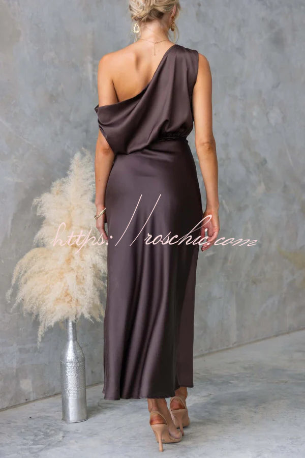 Solid Color One-shoulder Sleeveless Belted Casual Maxi Dress