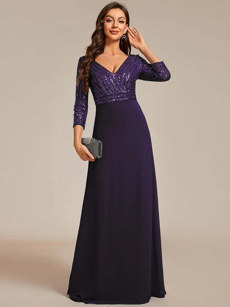Sexy V Neck A-Line Sequin Wholesale Evening Dresses With 3/4 Sleeve