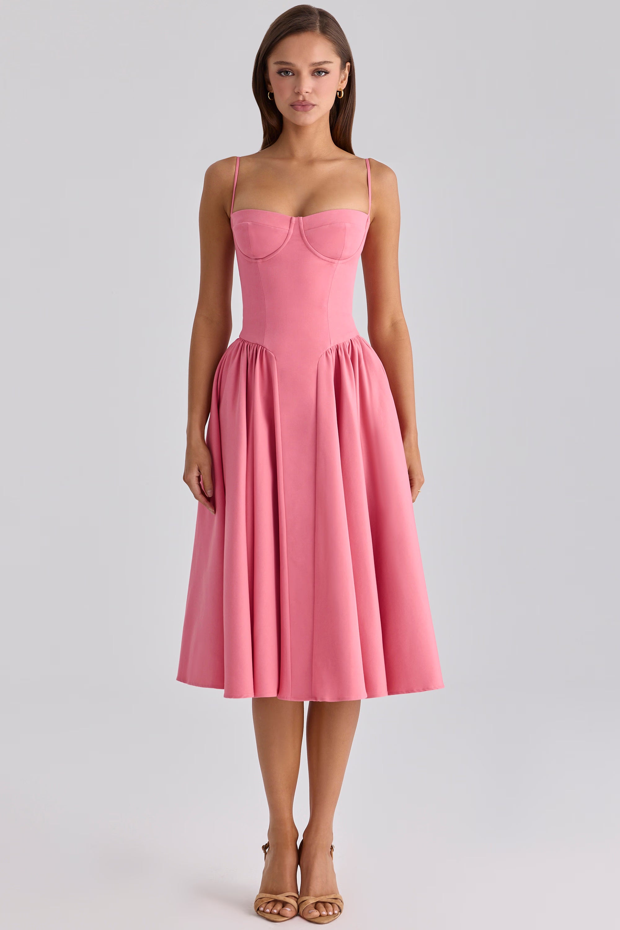 raspberry cotton twill corset midi dress