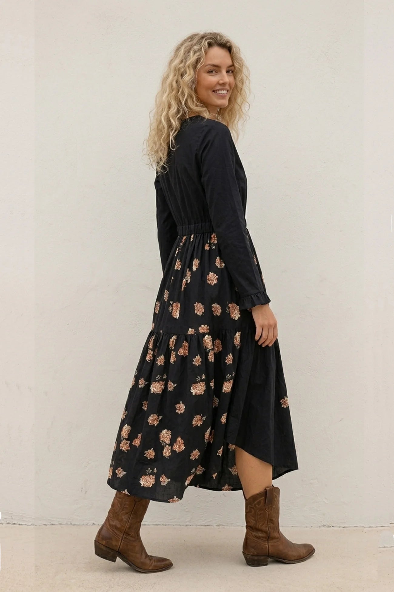 Floral Print Irregular Hem Retro Midi Dress
